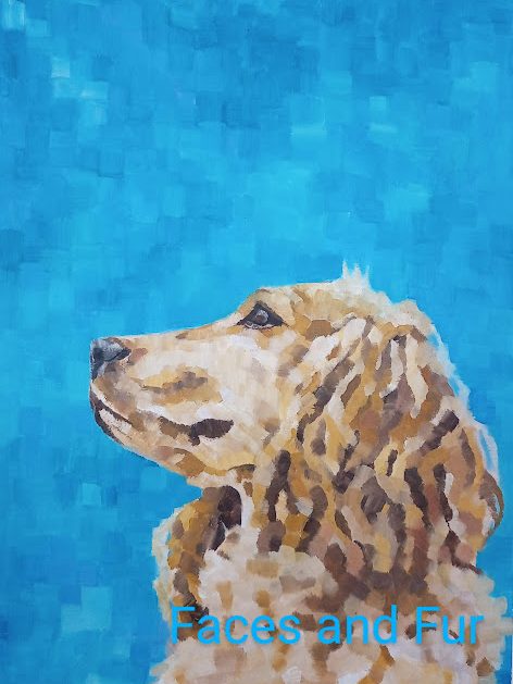 Pet portrait of spaniel in modern blocky style on blue background