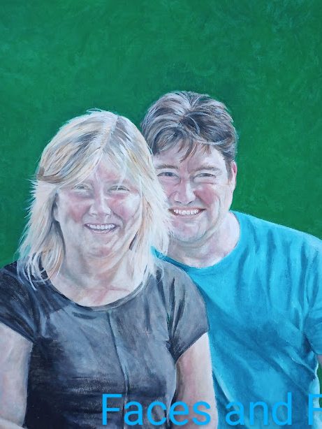 oil portrait of a couple head and shoulders smiling with plain background